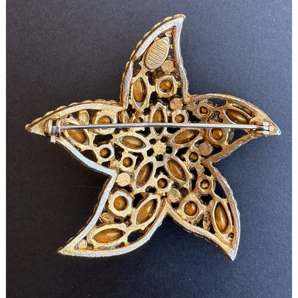 Vintage Regency Starfish Pin Brooch Gold Tone Green Blue Rhinestones 2